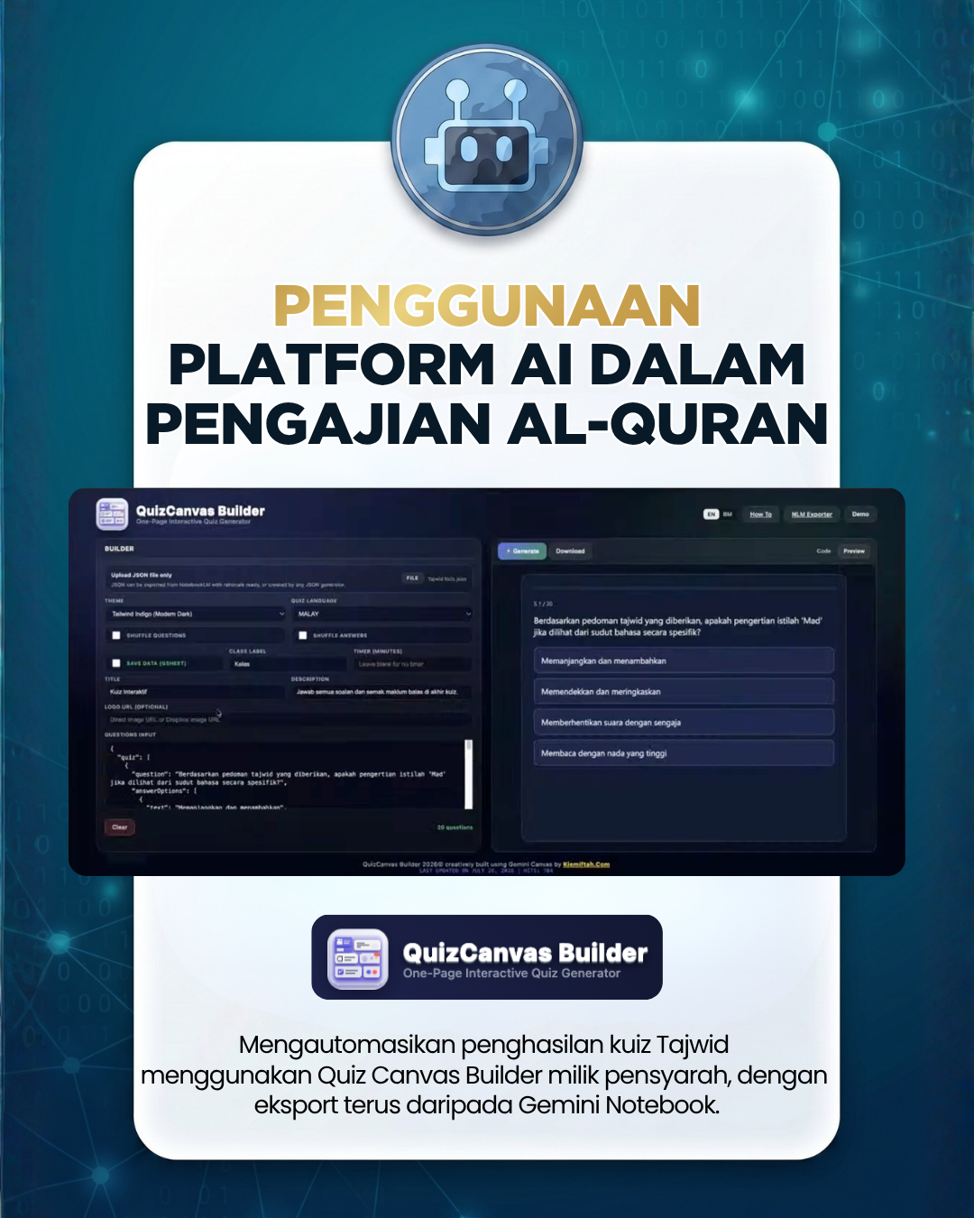 QuizCanvas Builder generating an interactive Tajweed quiz from notebook sources