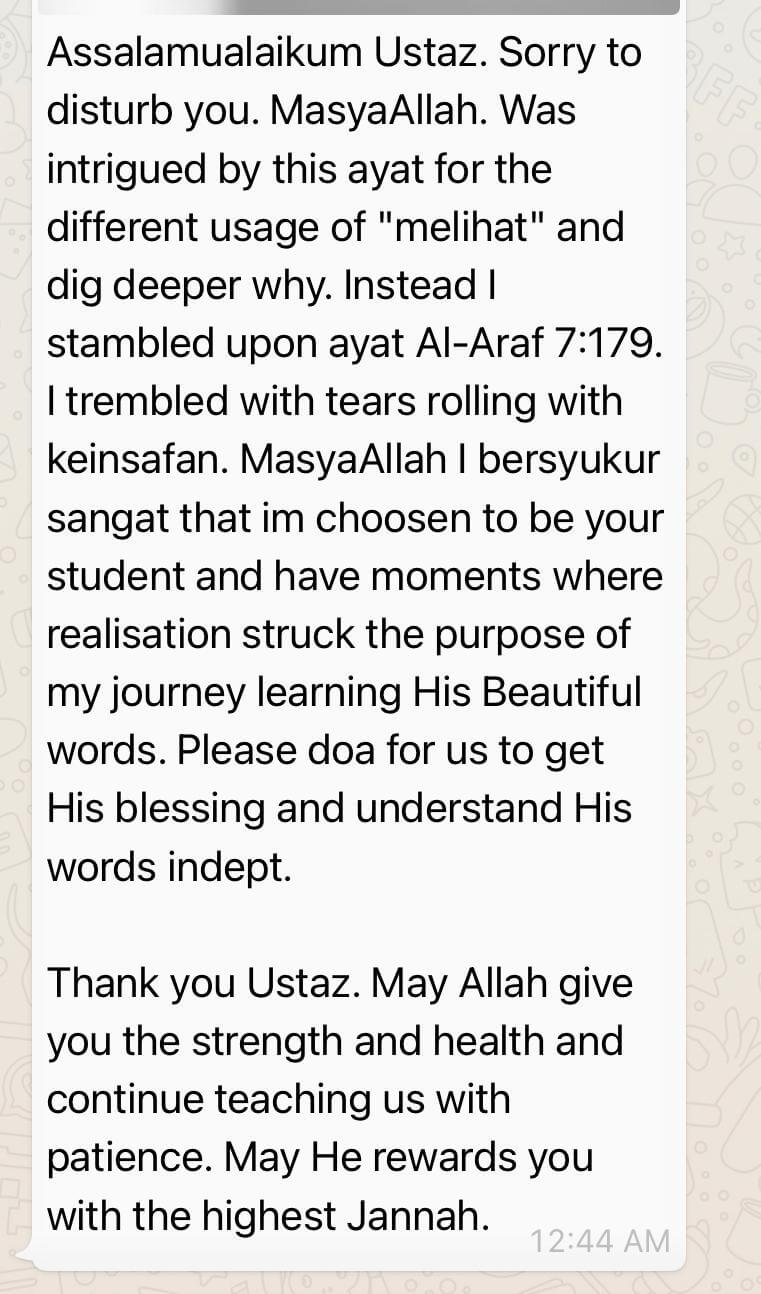 WhatsApp testimonial about a tadabbur breakthrough on ayat Al-Araf 7:179 with Ustaz