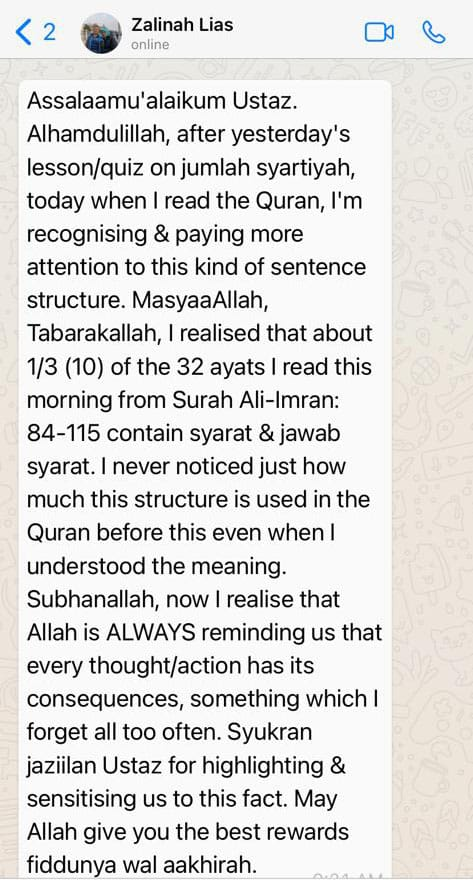 Testimonial from Zalinah Lias about recognising sentence structure in the Qur'an
