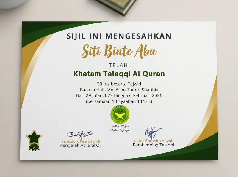 Sijil Khatam Al-Quran certificate sample by AtTartil Quranic Institute