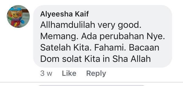 Testimonial from Alyeesha Kaif about positive changes after Fahami Bacaan Dalam Solat