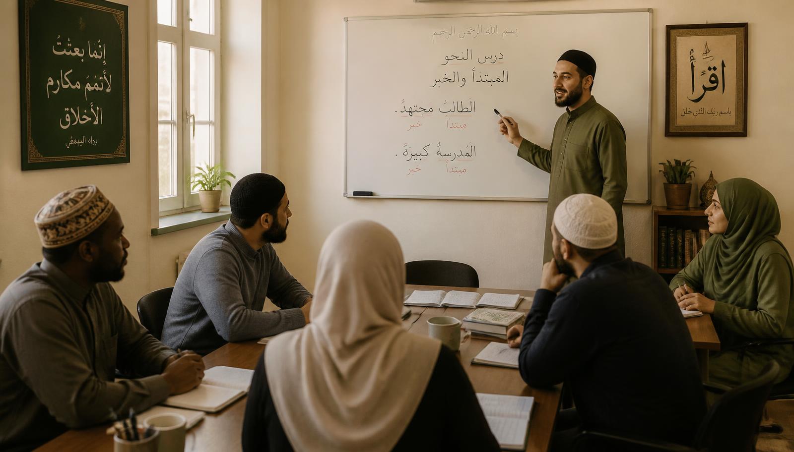 Pelajar dewasa mempelajari tatabahasa Bahasa Al-Quran bersama guru di dalam kelas
