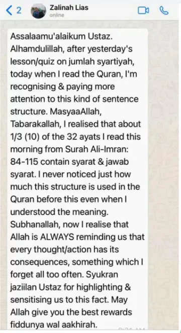 WhatsApp message testimonial from Zalinah Lias about recognising Qur'anic sentence structure