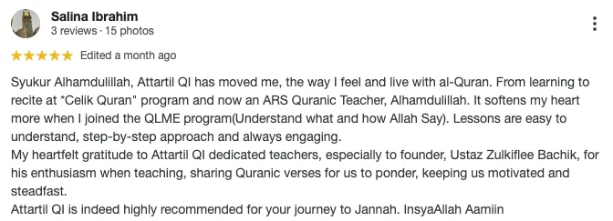 Google review from Salina Ibrahim about her journey with AtTartil Quranic Institute