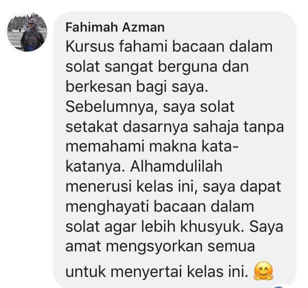 Testimonial from Fahimah Azman about the Fahami Bacaan Dalam Solat course
