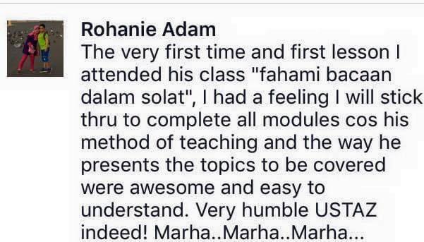 Testimonial from Rohanie Adam about the Fahami Bacaan Dalam Solat class