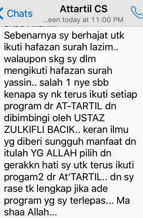 Testimonial about following AtTartil's hafazan programmes under Ustaz Zulkifli Bachik