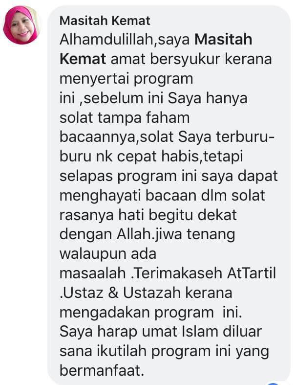 Testimonial from Masitah Kemat about a calmer heart and meaningful solat after the programme