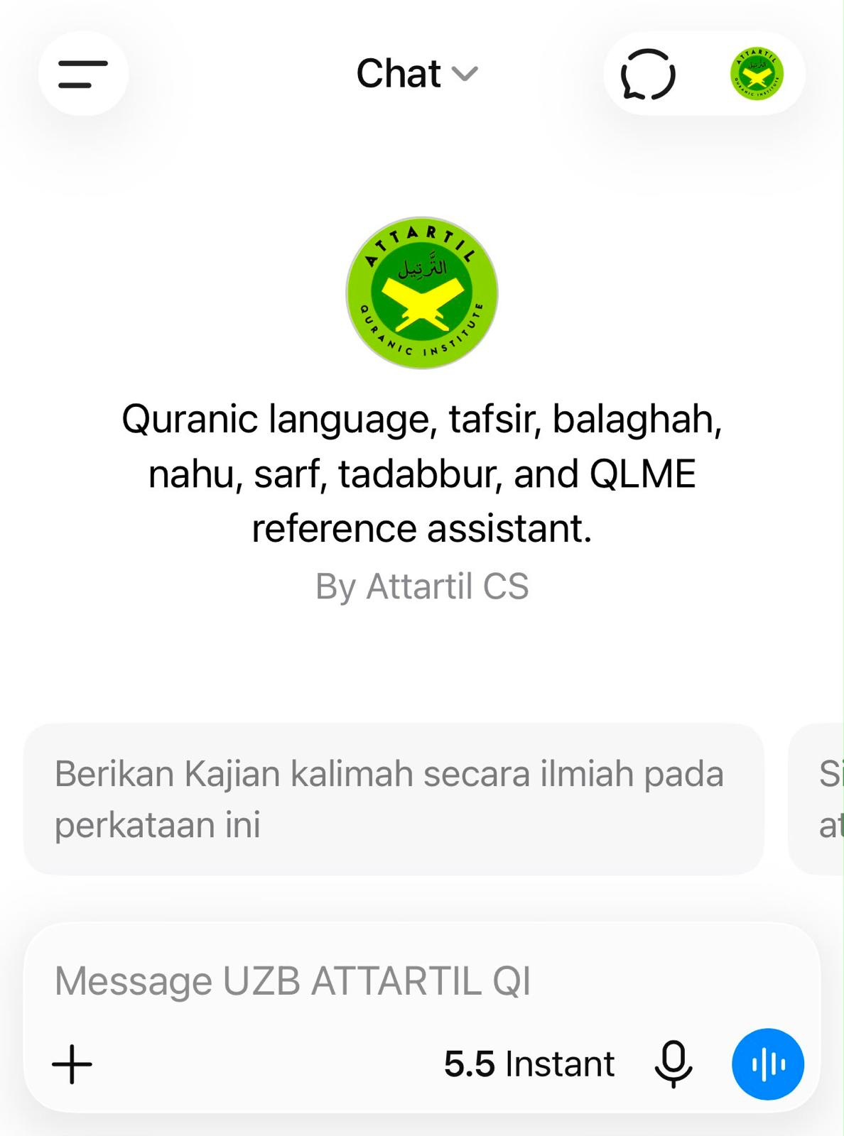 Home screen of UZB ATTARTIL QI GPT showing its description as a Quranic language, tafsir, balaghah, nahu, sarf, tadabbur and QLME reference assistant