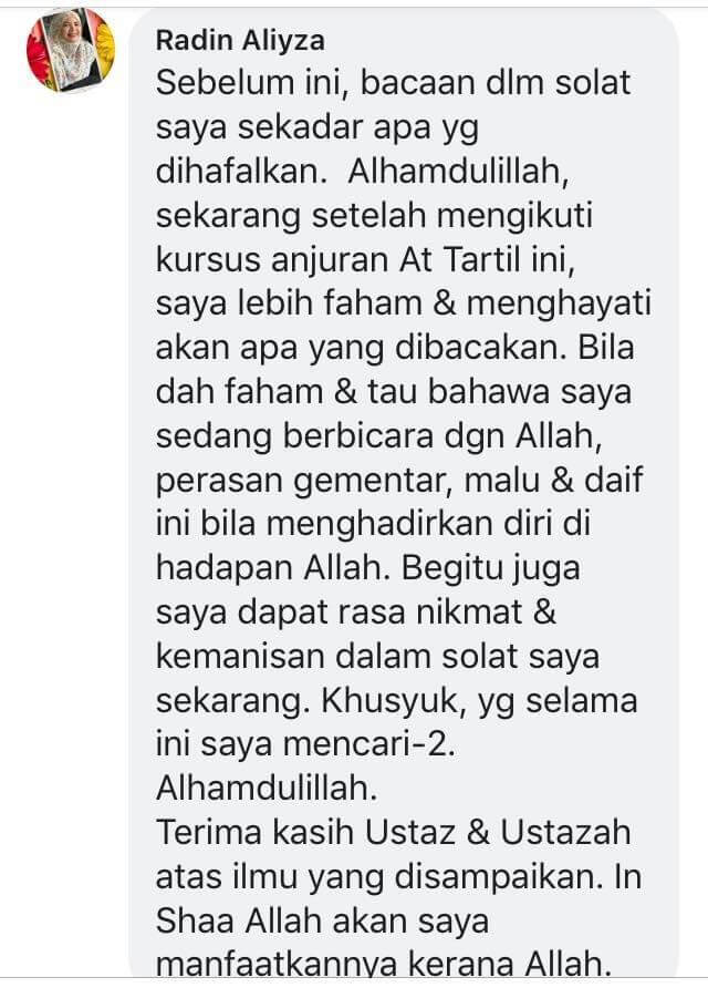 Testimonial from Radin Aliyza about khusyuk and presence before Allah after the AtTartil course