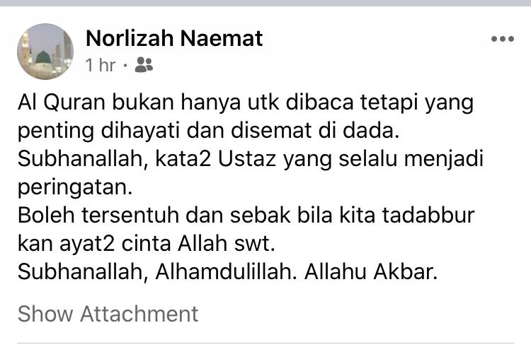 Testimonial from Norlizah Naemat about tadabbur of ayat-ayat cinta Allah