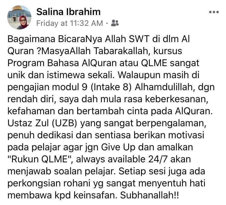 Testimonial from Salina Ibrahim about the uniqueness of the QLME Bahasa AlQuran programme with Ustaz Zul
