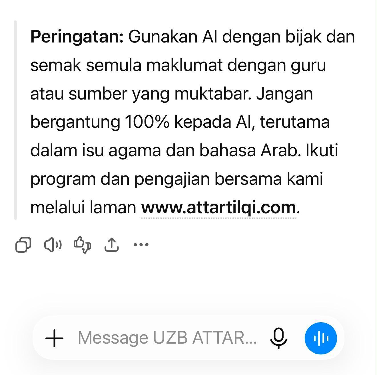 UZB ATTARTIL QI GPT reminder advising users to verify information with a qualified teacher and not rely fully on AI