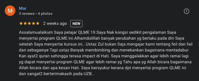 Google review from Mar, a QLME Batch 19 student