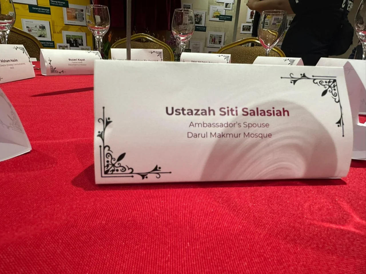 Place card for Ustazah Siti Salasiah, Ambassador’s Spouse, at the appreciation dinner