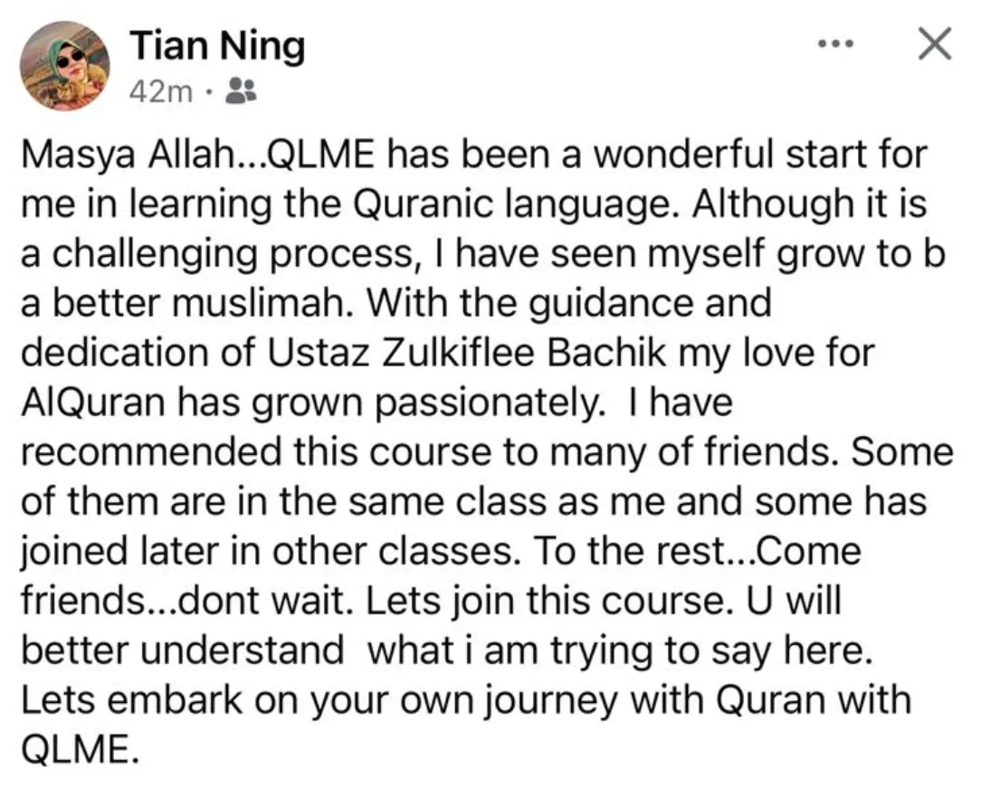 Facebook testimonial from Tian Ning about her QLME learning journey
