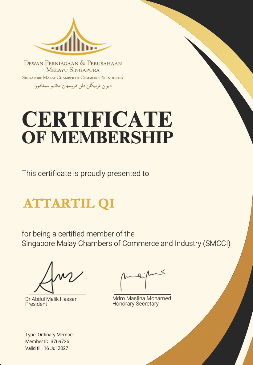 Certificate of Membership presented to AtTartil QI by the Singapore Malay Chamber of Commerce and Industry (SMCCI), valid till 16 July 2027