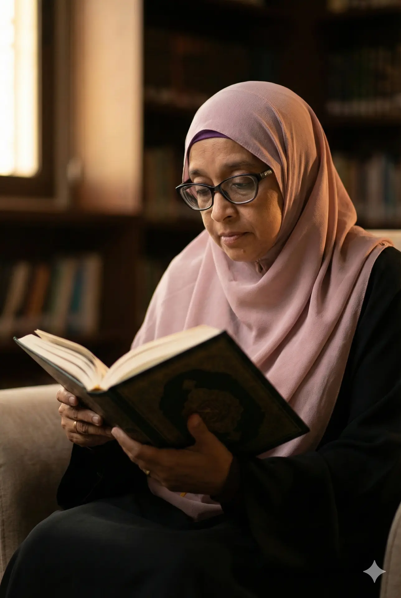 A mature woman in a pink hijab reading a book, representing an adult learner beginning to read the Qur'an