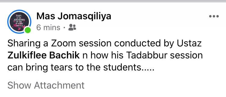 Testimonial from Mas Jomasqiliya about Ustaz Zulkiflee Bachik's Tadabbur session