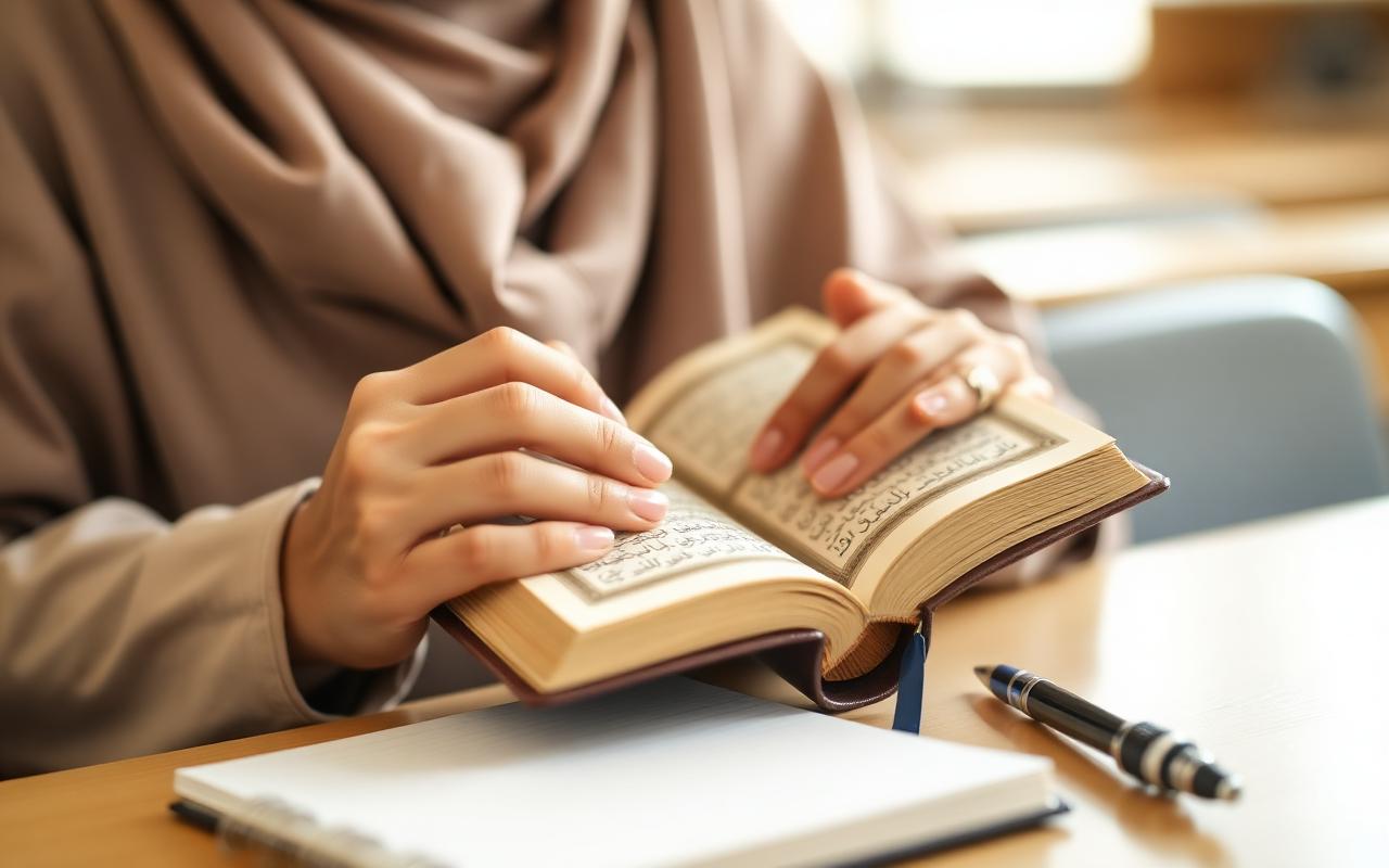 Close-up of a Muslim woman's hands holding an open Qur'an with a notebook and pen beside her