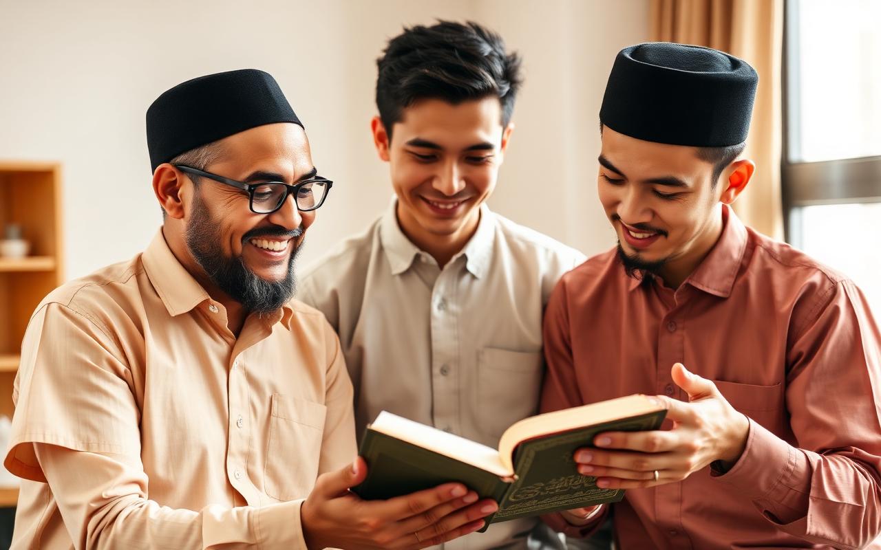 A male teacher gently guiding two adult male students reading the Qur'an together
