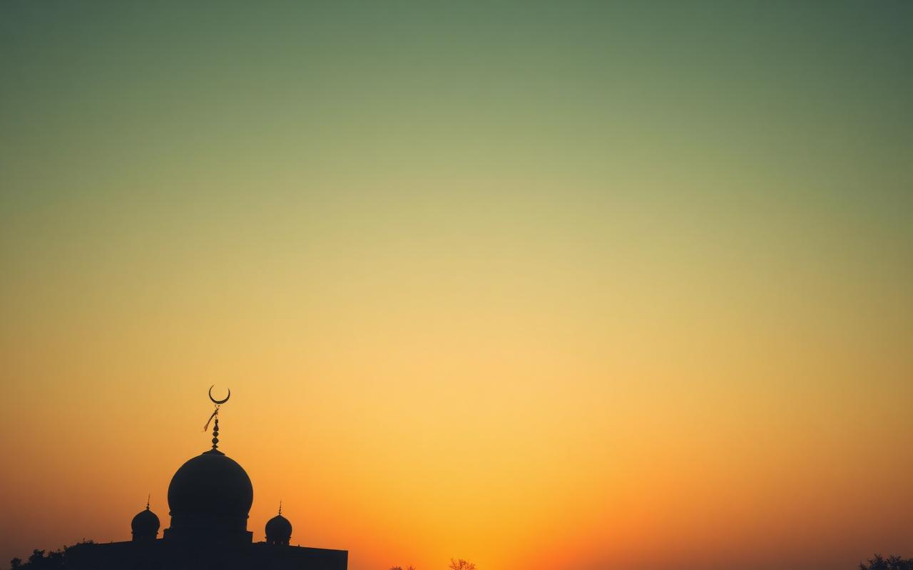 A mosque silhouette with a crescent moon at sunset