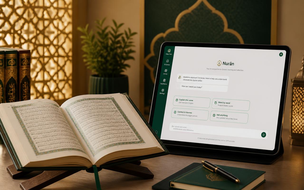 An open Arabic mushaf beside a tablet displaying a Qur'anic study chat assistant, representing UZB ATTARTIL QI GPT